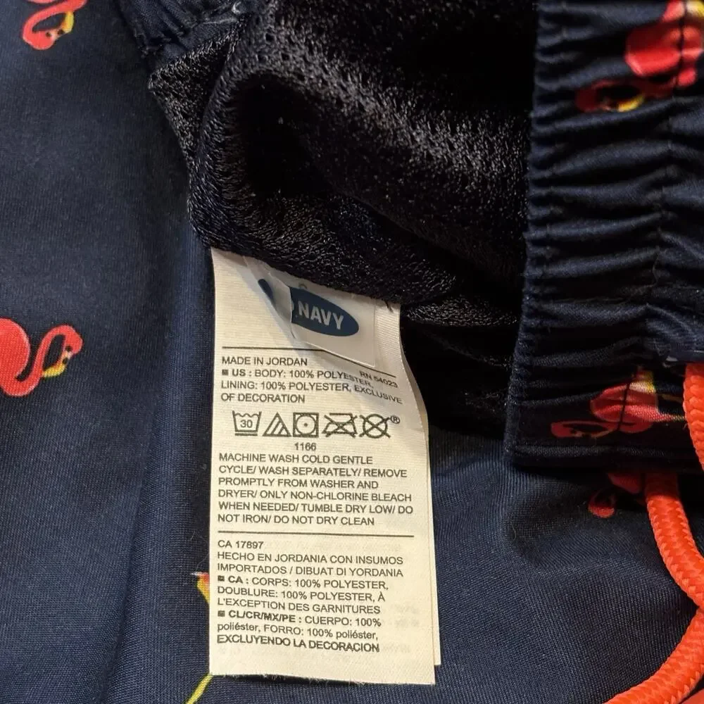 Old Navy Flamingo Print Navy Blue Lined Swim Trunks Drawstring Men's Size Small